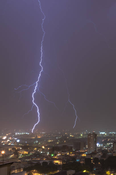 istock Vertical Lightnings in a stormy night in the city 680161410