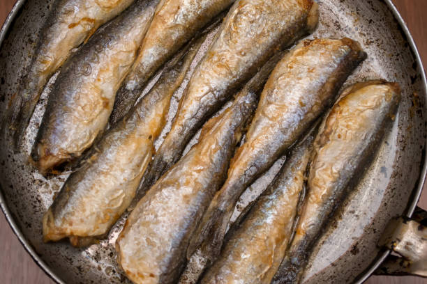 fried fish herring, fried fish in a frying pan. - smoked tongue imagens e fotografias de stock