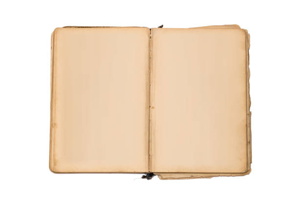 istock Open old book isolated, vintage book with blank yellow stained pages. 680162336