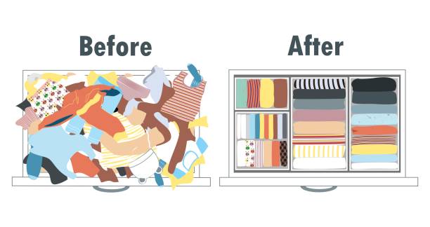 Before and after tidying up kids wardrobe in drawer. Messy clothes and nicely arranged clothes in piles. Before and after tidying up kids wardrobe in drawer. Messy clothes and nicely arranged clothes in boxes inside the drawer. Vector illustration. clean room stock illustrations