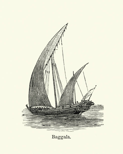 Baghlah ship Vintage engraving of a Baghlah, bagala or baggala a large deep-sea dhow, a traditional Arabic sailing vessel dhow stock illustrations