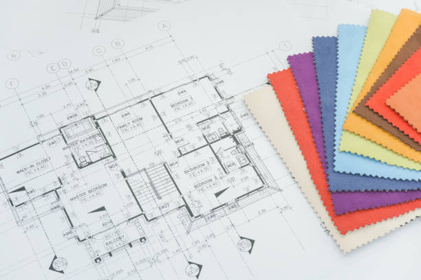 istock Close up sample of fabric and architectural drawing paper 680178368