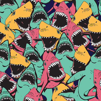Angry Shark Collage. Hand Drawn Sea Life Pattern. Animal and Wildlife Illustration.