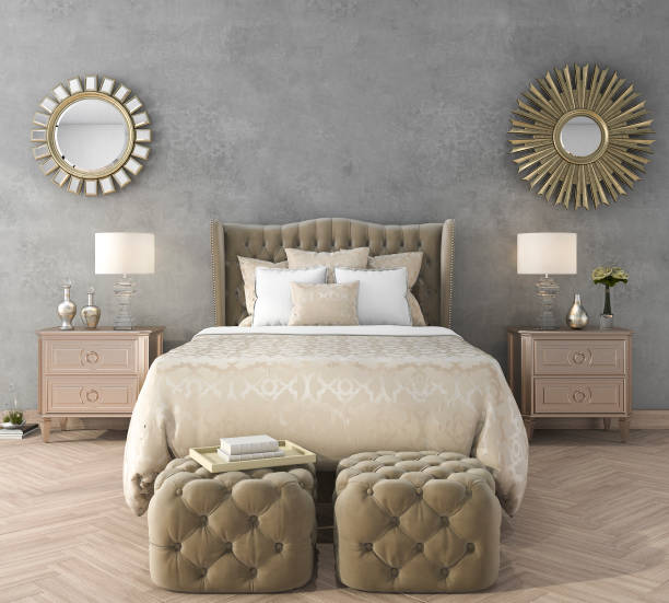 istock 3d rendering classic luxury bedroom with pouf and mirror and concrete wall 680191786