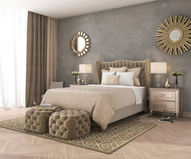 istock 3d rendering classic luxury bedroom with pouf and mirror and concrete wall 680193926