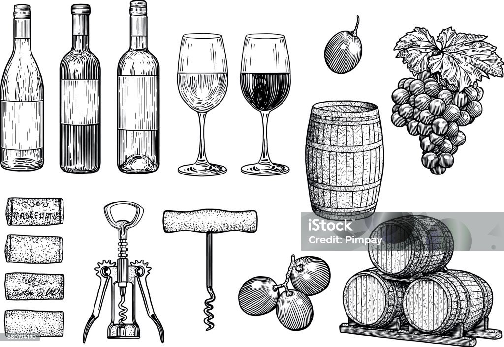 Illustrazione di roba da vino, disegno, incisione, inchiostro, line art, vettore - arte vettoriale royalty-free di Vino
