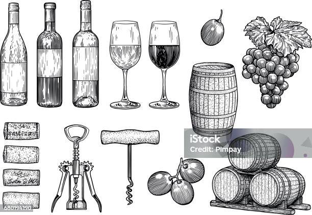 와인 물건 그림 드로잉 판화 잉크 라인 아트 벡터 와인에 대한 스톡 벡터 아트 및 기타 이미지 - 와인, 와인병, 일러스트레이션
