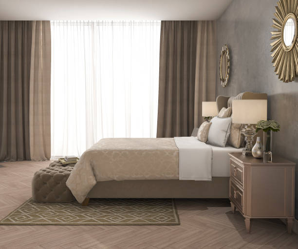 istock 3d rendering classic luxury bedroom with pouf and curtain 680194320