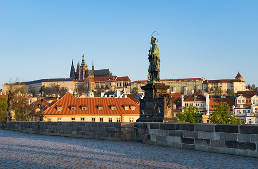 St. John Nepomuk on Charles bridge and Prague Castle  , Prague, Czech Republic