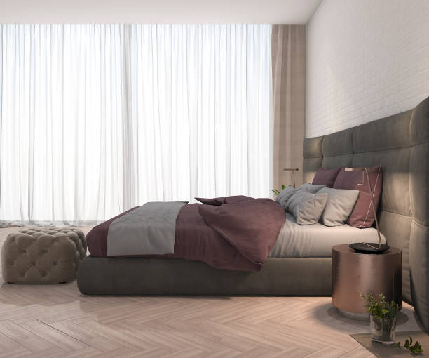 istock 3d rendering pink fabric bedroom with lamp and minimal decor curtain 680194448