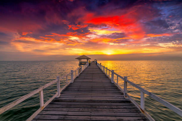 istock Wooden bridge in the sea at sunset 680195082