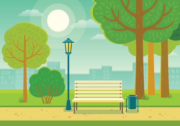 Summer park Vector illustration of a beautiful summer city park with town building background, path, bench and street lamp. natural parkland illustrations stock illustrations