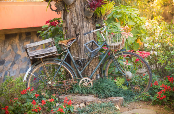 istock Vintage old bicycle with garden background 680198290
