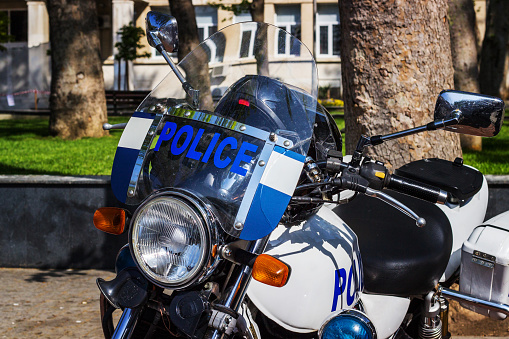 Italy, March 6 -- Some motorcycles of the Highway Patrol of the Italian State Police parked along a street in Italy. Image in high definition quality.
