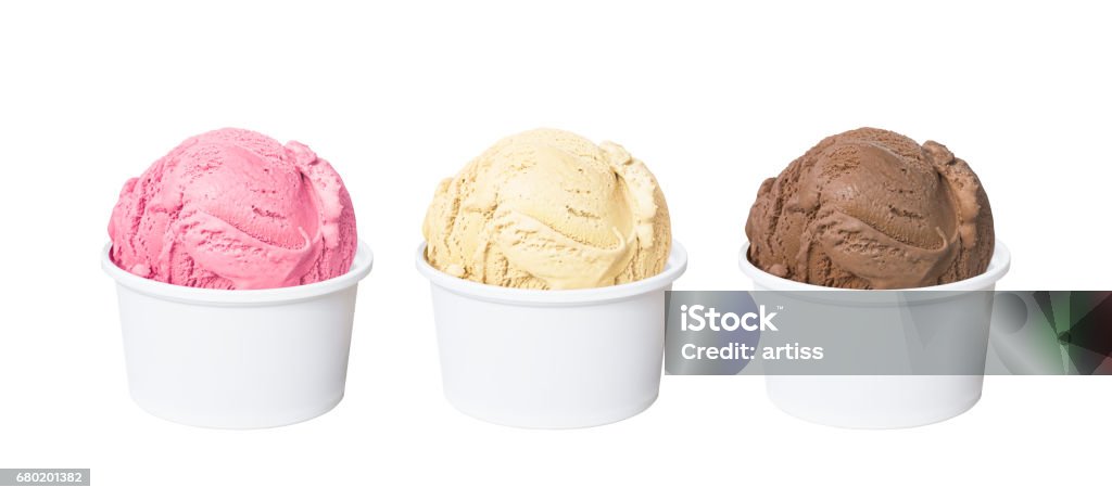 Neapolitan ice cream scoops in white cups of chocolate, strawberry, and vanilla flavours isolated on white background Neapolitan ice cream scoops in white cups of chocolate, strawberry, and vanilla flavours isolated on white background (clipping path included) Ice Cream Stock Photo