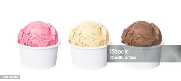 Neapolitan Ice Cream Scoops In White Cups Of Chocolate Strawberry And Vanilla Flavours Isolated On White Background Stock Photo - Download Image Now