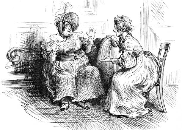 Dickens Sketches by Boz - fat lady is shocked in bonnet Image of two women, one fat looking shocked charles dickens stock illustrations