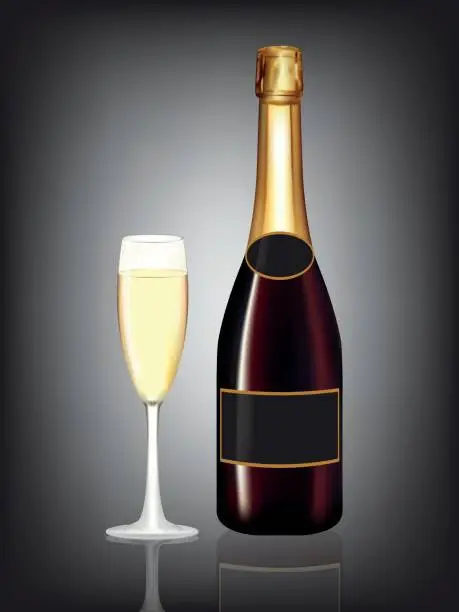 Vector illustration of Champagne bottle Drak Red and champagne glass on black