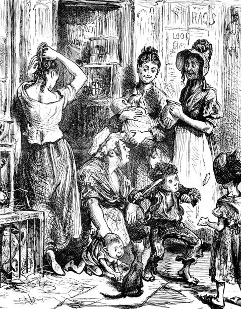 Dickens Sketches by Boz - poor family with mum, daughters, children Image of a poor house with various people. charles dickens stock illustrations
