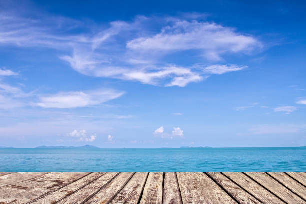 istock wooden walkway on sea and blue sky background 680213888