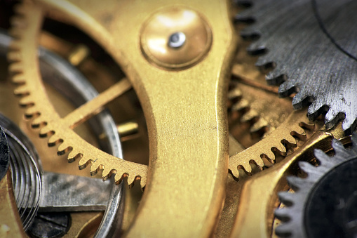 Old swiss made pocket watch inside mechanism close up