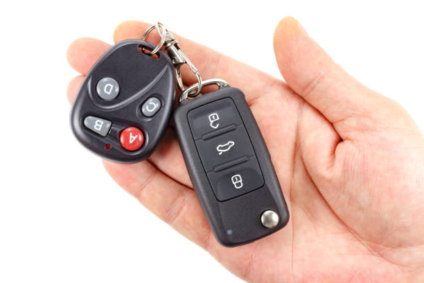 istock Ignition key with garage door remote control on the man's palm on a white background 680214204