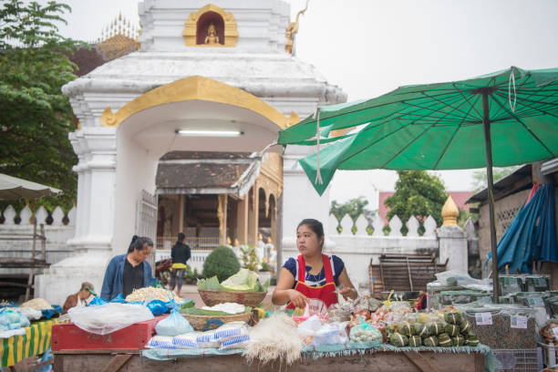 the Food Market in the town of Luang Prabang in the north of Laos in Southeastasia.