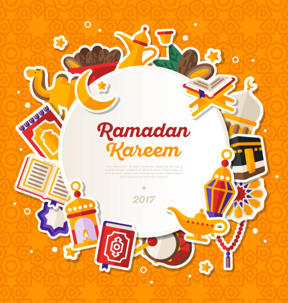 Ramadan Kareem Circle Banner Ramadan Kareem Banner With Flat Sticker Icons Set. Vector illustration. Islamic Concept. Circle White Frame with Place for your Text on Orange Background. Quran, Traditional Lanterns, Dates fruit of islam stock illustrations