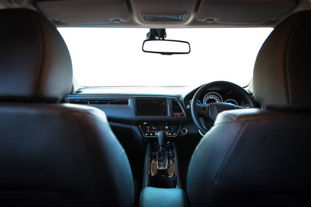 istock Closeup interior modern car console with full windscreen show space of front seat and passenger cabin , gear box , steering wheel and whole of dashboard function. 680226750