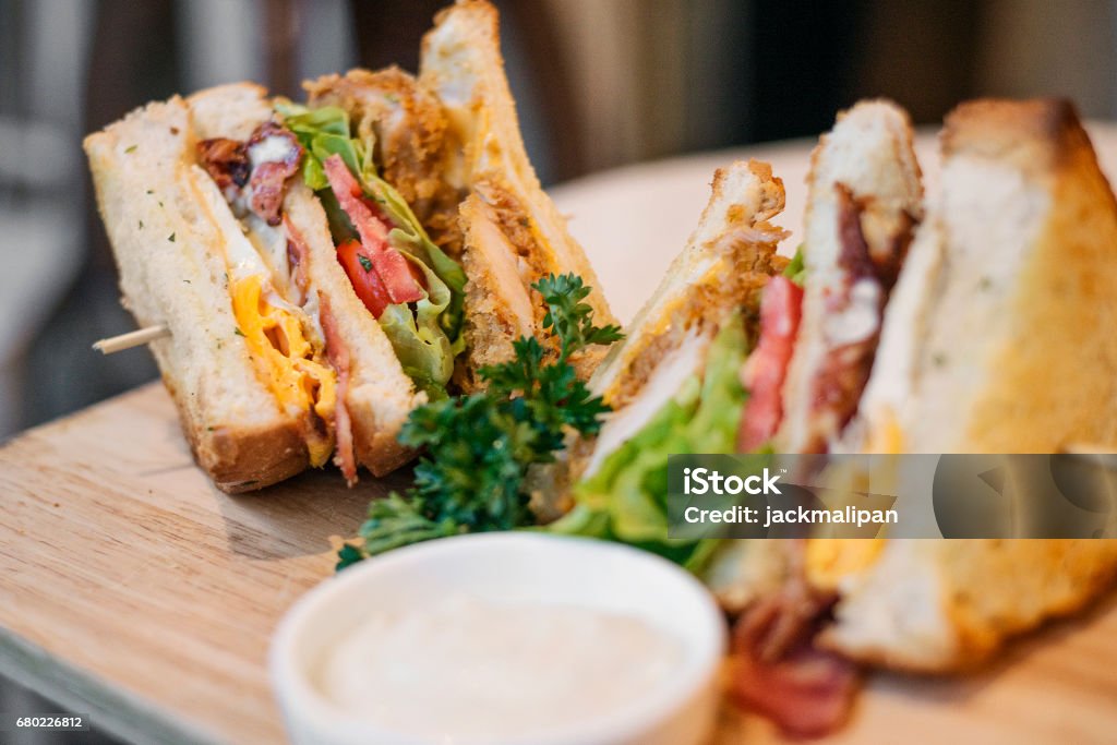 chicken burger bacon egg salad club sandwich set snack Sandwich Stock Photo