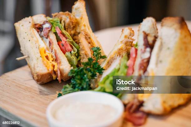 Chicken Burger Bacon Egg Salad Club Sandwich Set Snack Stock Photo - Download Image Now
