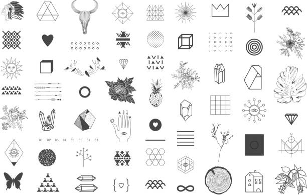 Set of different elements and shapes Trendy hipster symbols. Ethnic patterns. Geometric, alchemy, decor items. Vector. tattoo icons stock illustrations