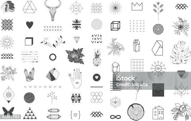 Set Of Different Elements And Shapes Stock Illustration - Download Image Now - Hipster Culture, Tattoo, Indigenous North American Culture