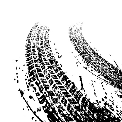 Two warped black grunge tire tracks isolated on white background