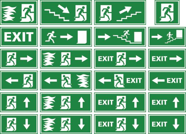 vector symbol set - emergency exit sign / fire alarm plate A collection of different variations of emergency exit signs / plates showing white silhouettes on green background. Various illustrations of a person or man running toward an exit door of a building to escape and find rescue, in some fleeing from a fire or flames. Some of the signs contain an arrow, stairs or the word "exit". escaping stock illustrations