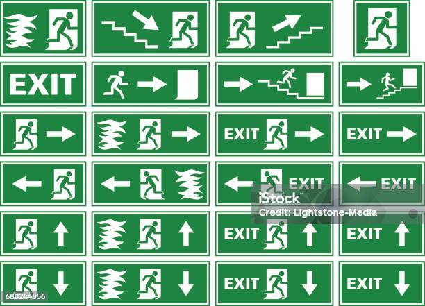 Vector Symbol Set Emergency Exit Sign Fire Alarm Plate Stock Illustration - Download Image Now