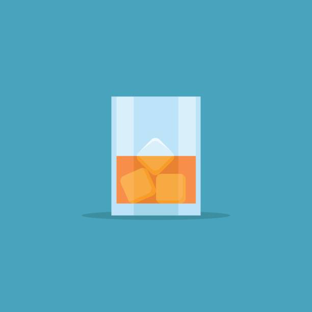 ilustrações de stock, clip art, desenhos animados e ícones de glass of whiskey with ice flat style icon. vector illustration. - whisky ice cube glass alcohol