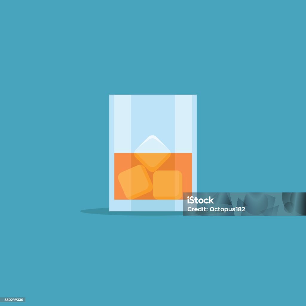 Glass of whiskey with ice flat style icon. Vector illustration. Glass of whiskey with ice isolated on blue background. Flat style icon. Vector illustration. Ice Cube stock vector