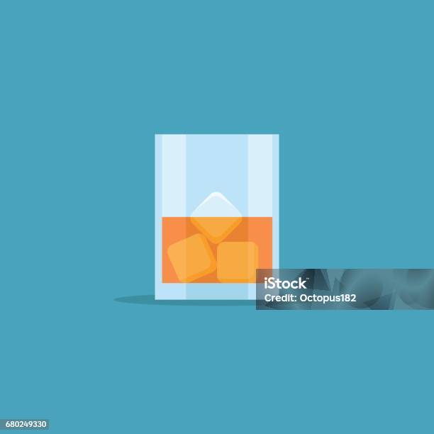 Glass Of Whiskey With Ice Flat Style Icon Vector Illustration Stock Illustration - Download Image Now
