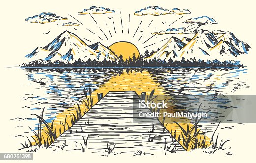 istock Rising sun on the lake landscape illustration 680251398