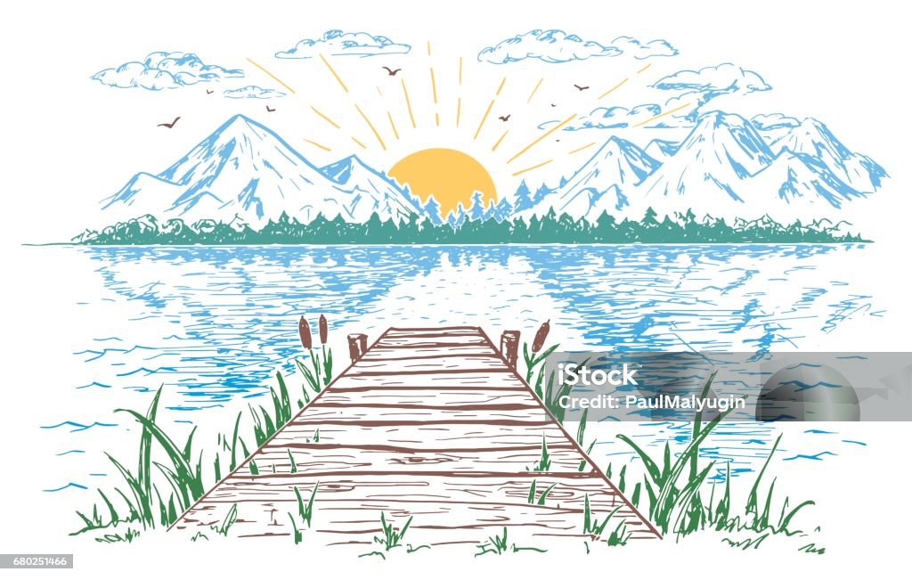 Rising sun on the lake landscape illustration Rising sun on the lake, landscape with a bridge. Hand-drawn vintage illustration. Sketch in the open air isolated on white background Pier stock vector