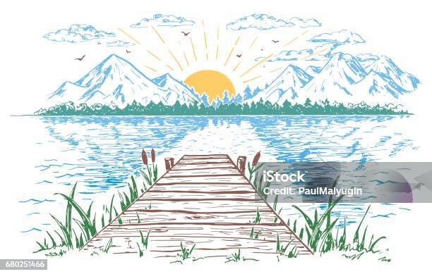 Rising Sun On The Lake Landscape Illustration Stock Illustration - Download Image Now - Pier, Lake, Mountain