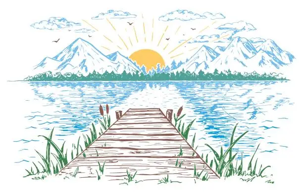 Vector illustration of Rising sun on the lake landscape illustration