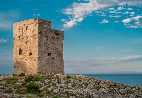 Coastal watchtower in Marina Serra, Tricase, Lecce, Puglia, Italy.