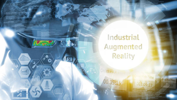 istock Industry 4.0, Augmented reality , iot and smart logistic concept. Man using AR glasses for check maintenance of machine in smart factory. Infographic and texts of industrial (IAR). 680262146