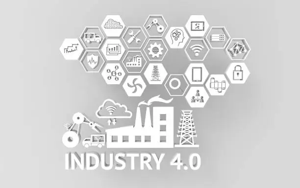 Industrial 4.0 Cyber Physical Systems concept , Icon of industry 4.0 ,Internet of things network,smart factory solution,Manufacturing technology,automation robot with gray background , 3D illustration