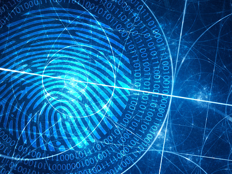 Blue glowing fibonacci circles with digital fingerprint, computer generated abstract background, 3D rendering