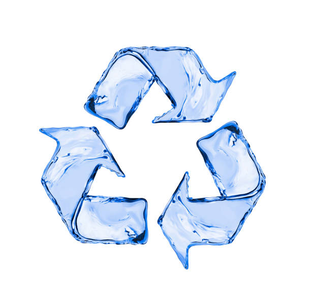 Universally recognized recycling symbol in bright blue, representing sustainability and environmental protection isolated on white background. Icon, sign and symbol. Side view. 3D Render