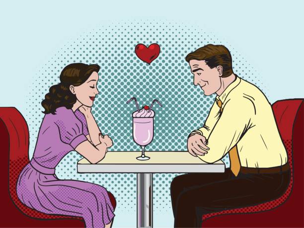 Couple on a date in restaurant. Pop art. Valentines day vector illustration. . Couple on a date in restaurant. Pop art style vector illustration. diner illustrations stock illustrations