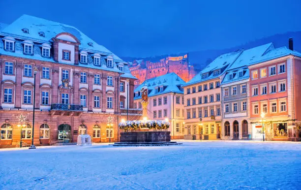 Medieval german old town Heidelberg white with snow in winter, Germany